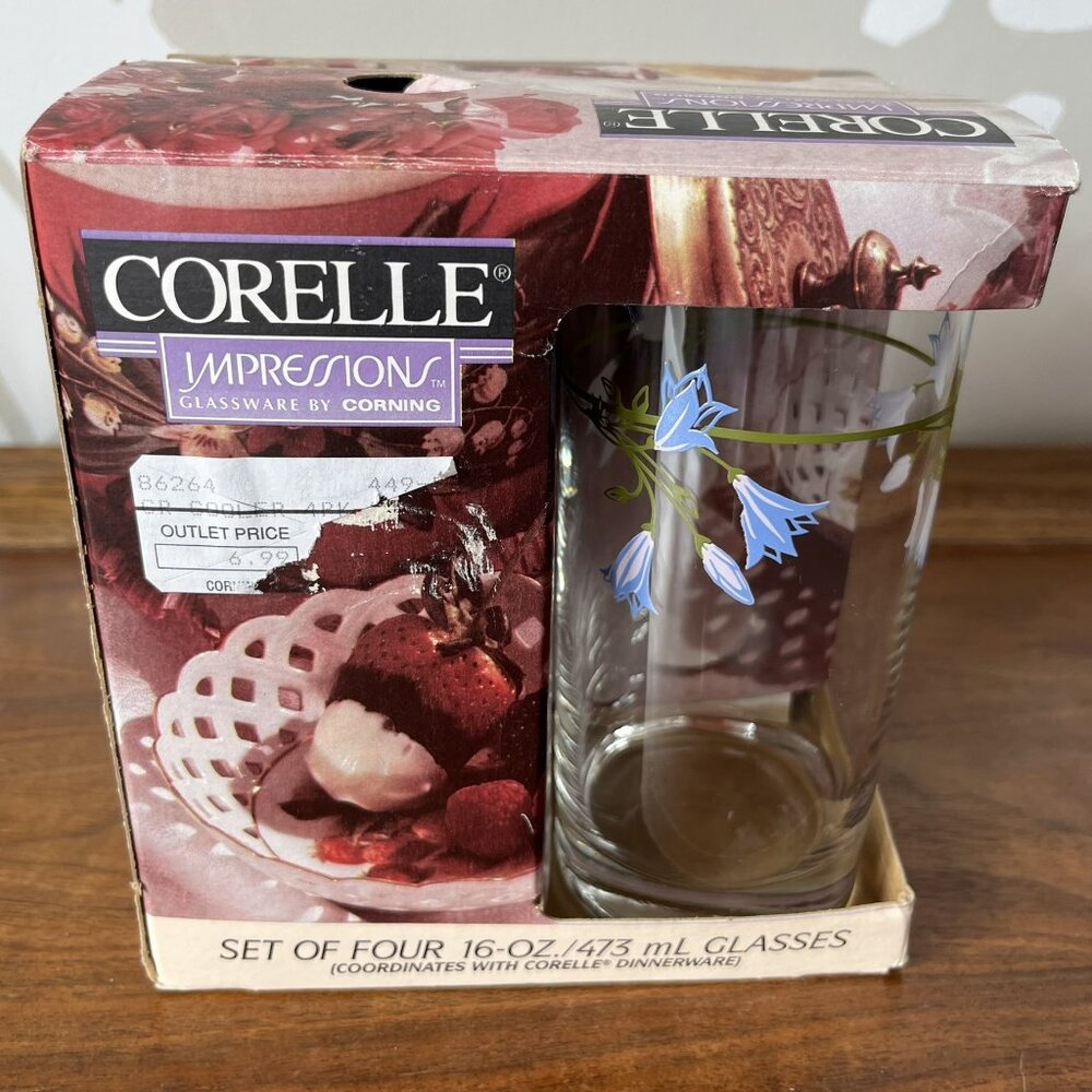 Vintage Corelle Impressions Blue Dusk Set Of 4 Glass Tumblers Corning Box Unused